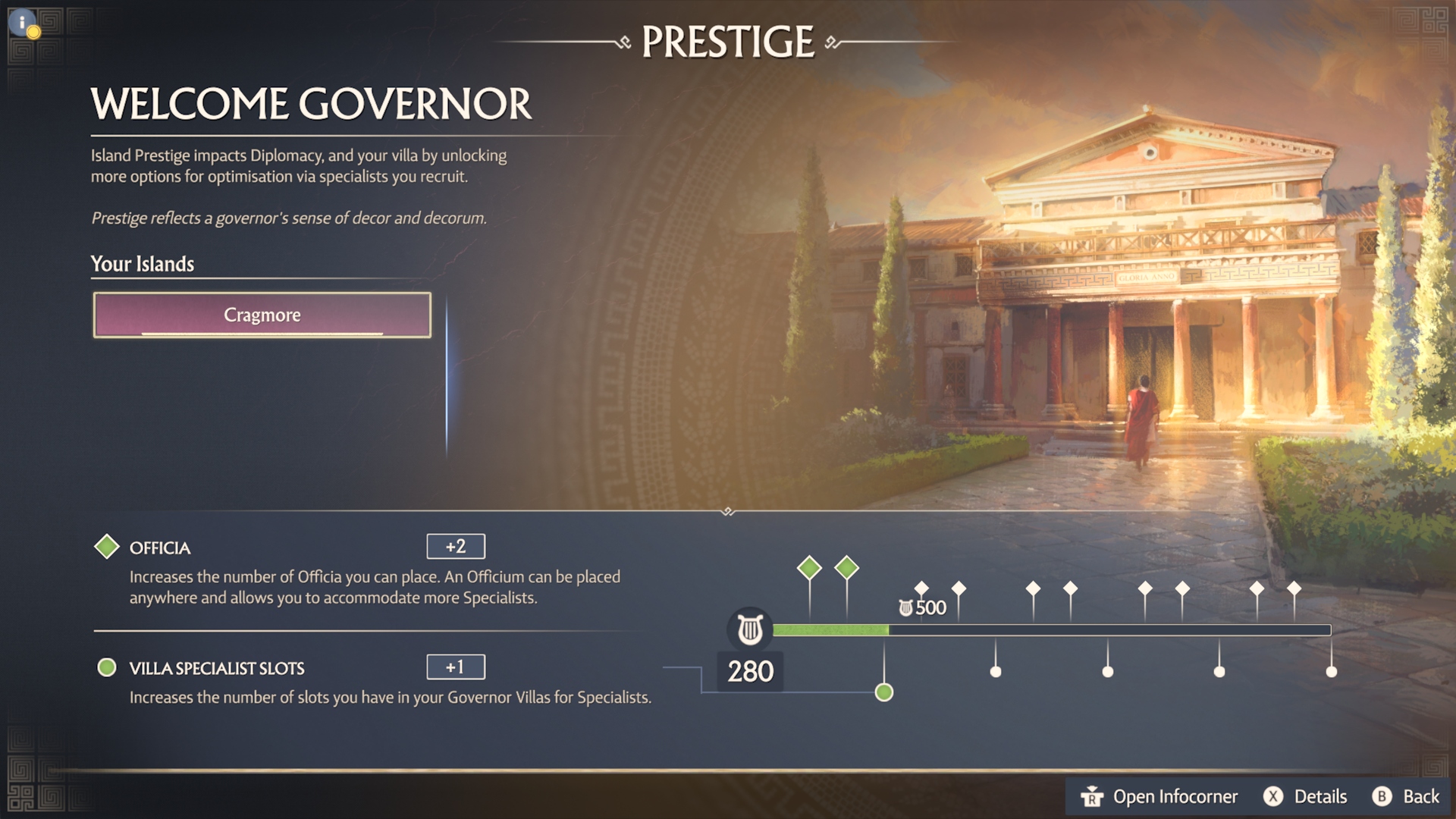 The Prestige menu in Anno 117 Pax Romana