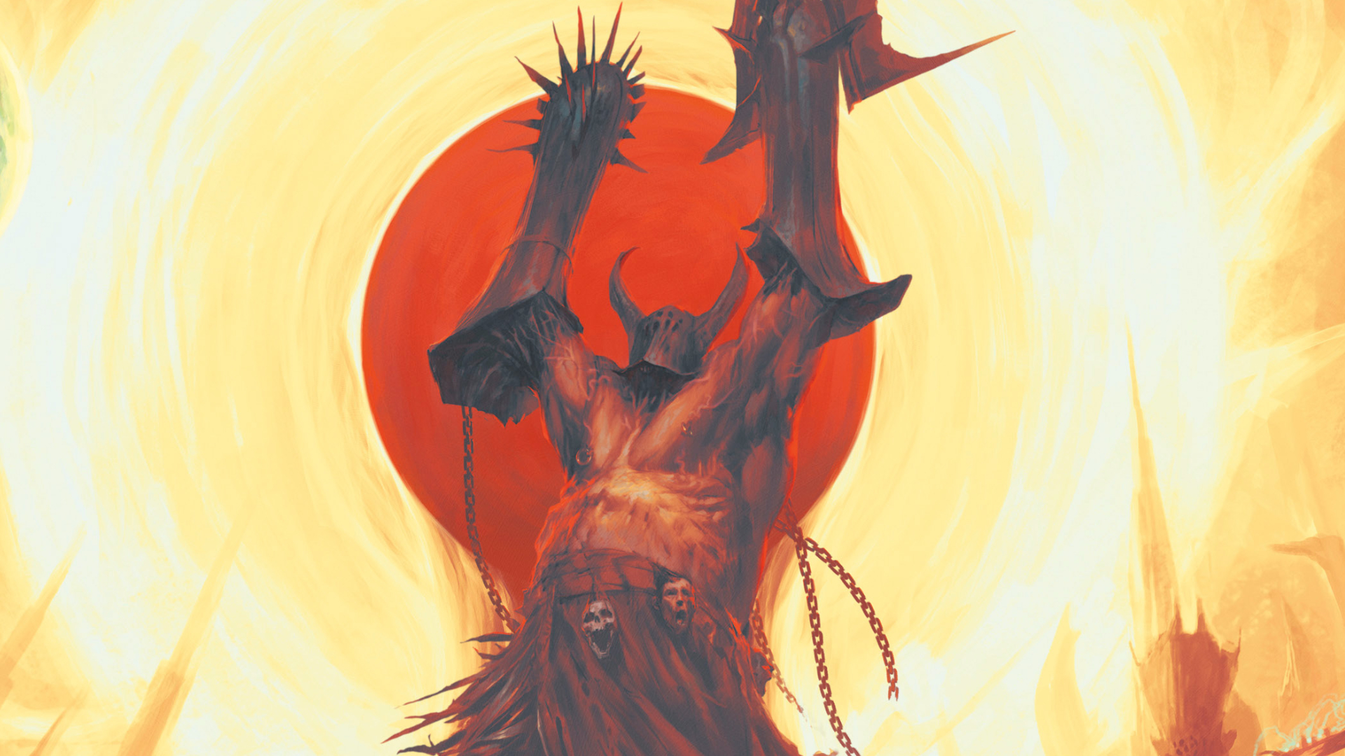 A heavily-armed warrior with a bare chest and skulls attached to his belt holds his weapons up to the sky against a blazing yellow and red sun