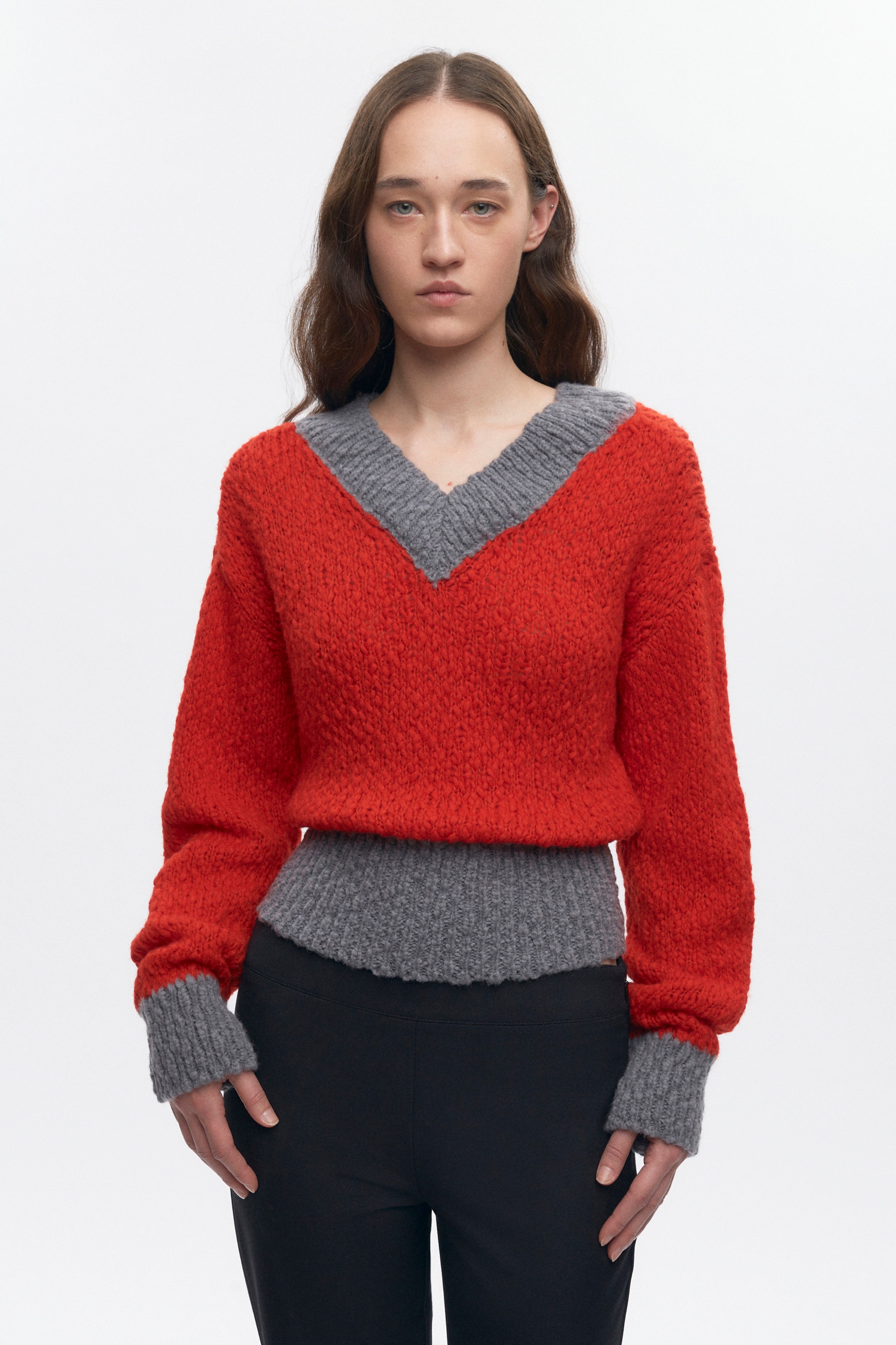 Women&amp;amp;apos;s Sia V-Neck Sweater in Fiery Red/medium Grey