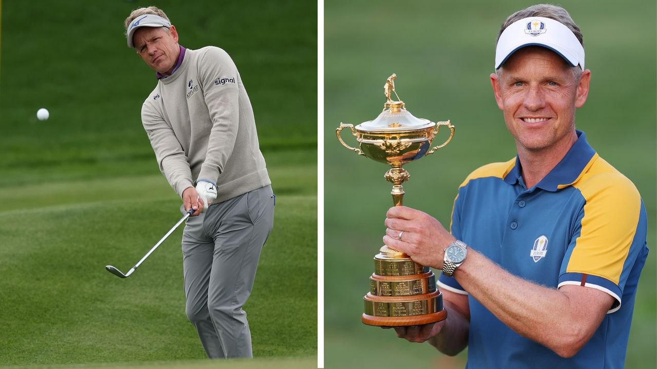 Luke Donald hitting a chip shot around the greens and holding the Ryder Cup as a victorious captain in Rome