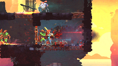 Hotline Miami's Jacket cleaning house in Dead Cells.
