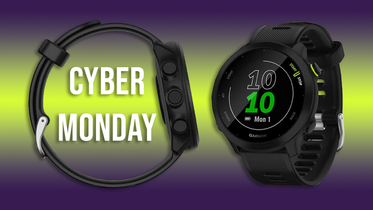 Garmin Forerunner 55 smartwatch overlaid with Cyber Monday