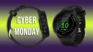 Garmin Forerunner 55 smartwatch overlaid with Cyber Monday