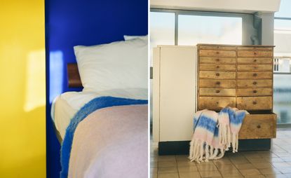 Colourful mohair blankets on bed and spilling out of chest of drawers