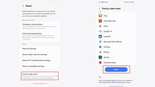 The reset options in the Galaxy settings app.
