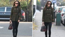 Composite of two pictures of Pippa Middleton walking through London in November 2011 wearing a short green coat, black jeans and black boots