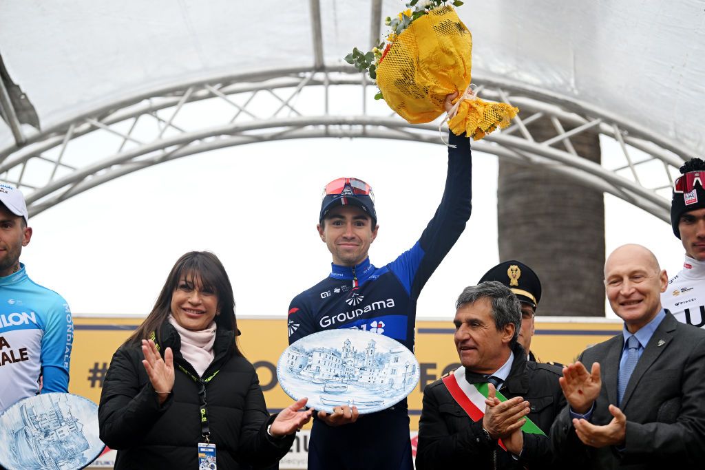 LAIGUEGLIA ITALY FEBRUARY 28 Lenny Martinez of France and Team GroupamaFDJ celebrates at podium as race winner during the 61st Trofeo Laigueglia 2024 a 202km one day race from Laiguegli to Laigueglia on February 28 2024 in Laigueglia Italy Photo by Dario BelingheriGetty Images