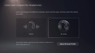 A screenshot from the PS5's system menu, showing the new option to compare stereo and 3D audio
