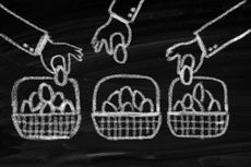chalkboard drawing of three people putting eggs into three baskets to signify diversification