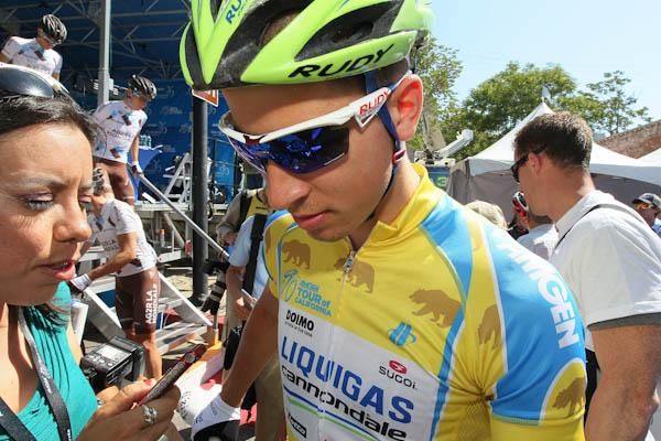 Race leader Peter Sagan meets the press in Sonora.