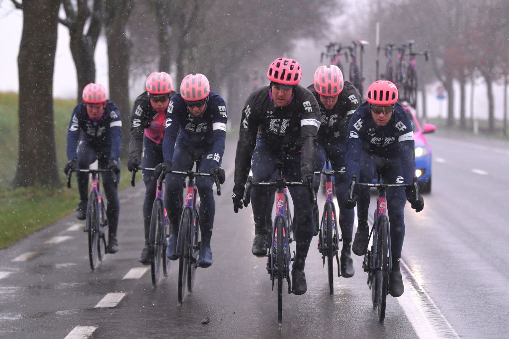 OUDENAARDE BELGIUM FEBRUARY 27 Sep Vanmarcke of Belgium and Team EF Education First Jonas Rutsch of Germany and Team EF Education First Kristoffer Halvorsen of Norway and Team EF Education First Julius Van Den Berg of The Netherlands and Team EF Education First Logan Owen of The United States and Team EF Education First Thomas Scully of The New Zealand and Team EF Education First Jens Keukeleire of Belgium and Team EF Education First Snow Cobblestones during the 75th Omloop Het Nieuwsblad 2020 Team EF Pro Cycling recon route OHN2020 OHN20 efprocycling on February 27 2020 in Oudenaarde Belgium Photo by Luc ClaessenGetty Images