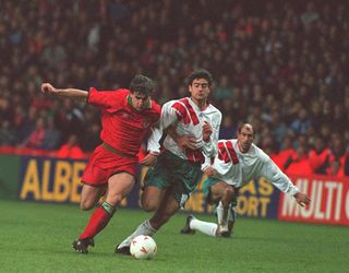 Mark Hughes in action against Bulgaria in Cardiff