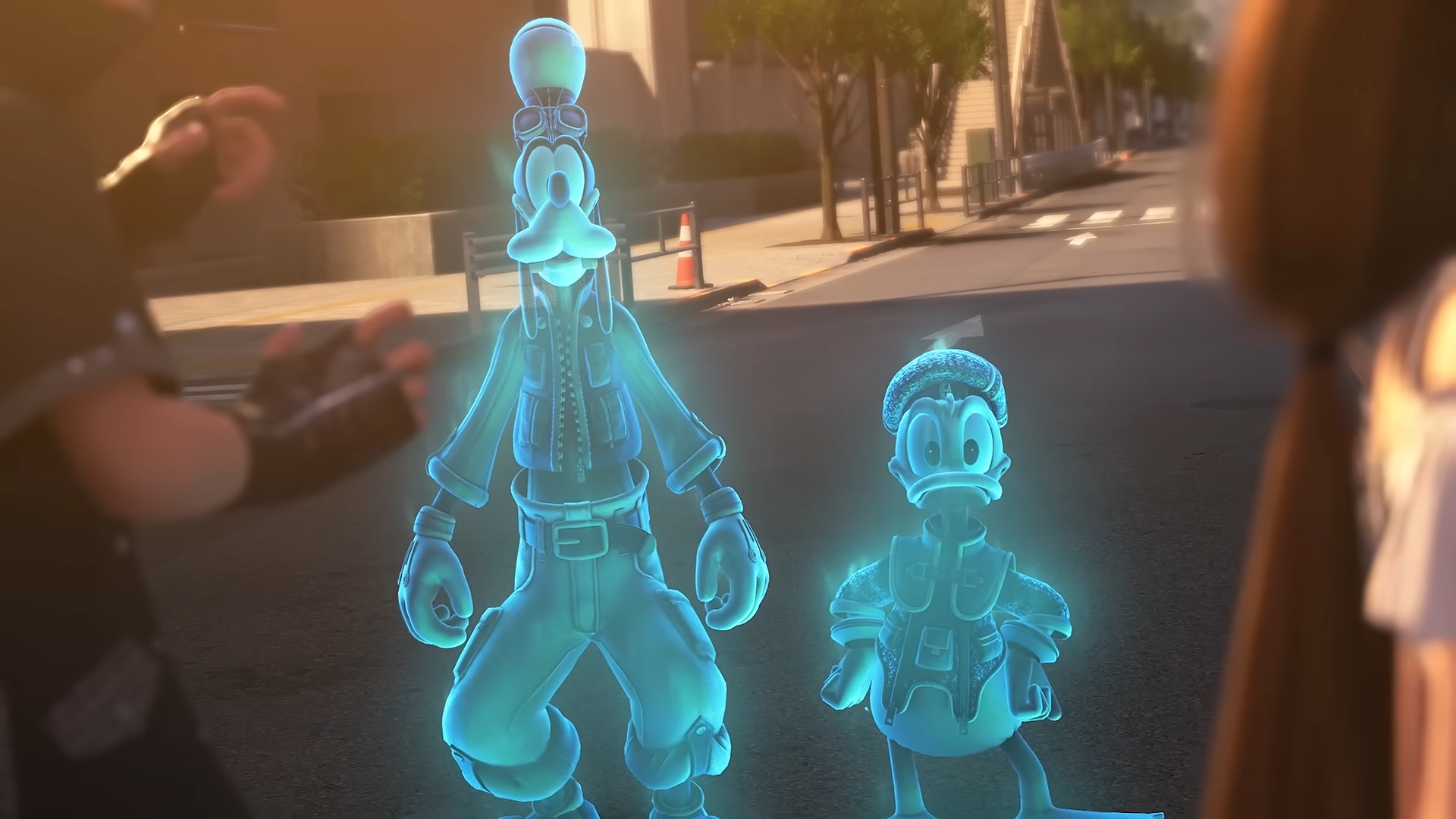 Screenshot from Kingdom Hearts 4's Coco trailer, showing ghostly see-through versions of Donald Duck and Goofy standing in a modern day city.