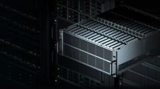 A server extended out from a rack of similar servers in a dark room