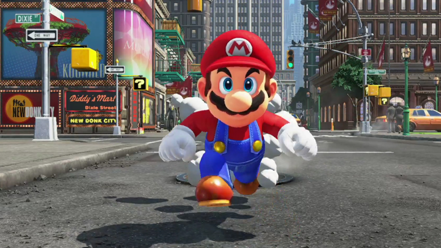 Super Mario running down a city street in Super Mario Odyssey