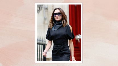 Victoria Beckham is pictured wearing a black dress and sunglasses on September 29, 2024 in Paris, France/ in a pink watercolour paint-like template