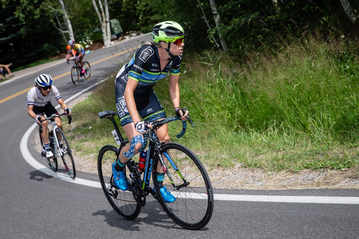 Brodie Chapman (TIBCO) leads on todays big climb on stage 2 of the Colorado Classic