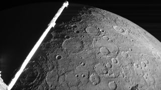 Mercury's crater-covered surface in an image captured by the BepiColombo spacecraft during its second flyby at the planet.