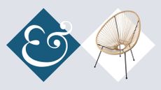 Aldi outdoor oval-shaped string chair pictured against a diamond-print H&G background