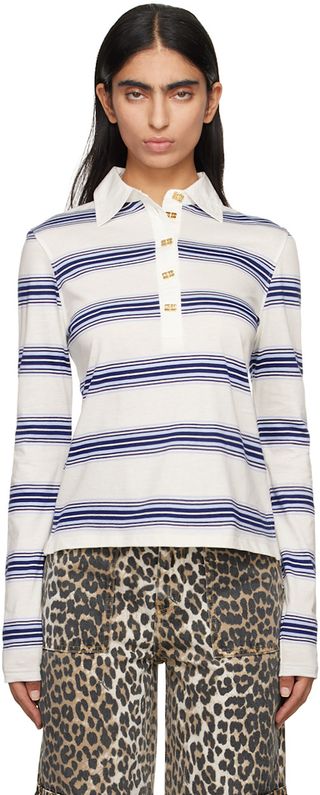 White & Blue Striped Long Sleeve Polo