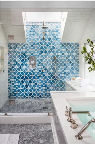 A bathroom with marble flooring