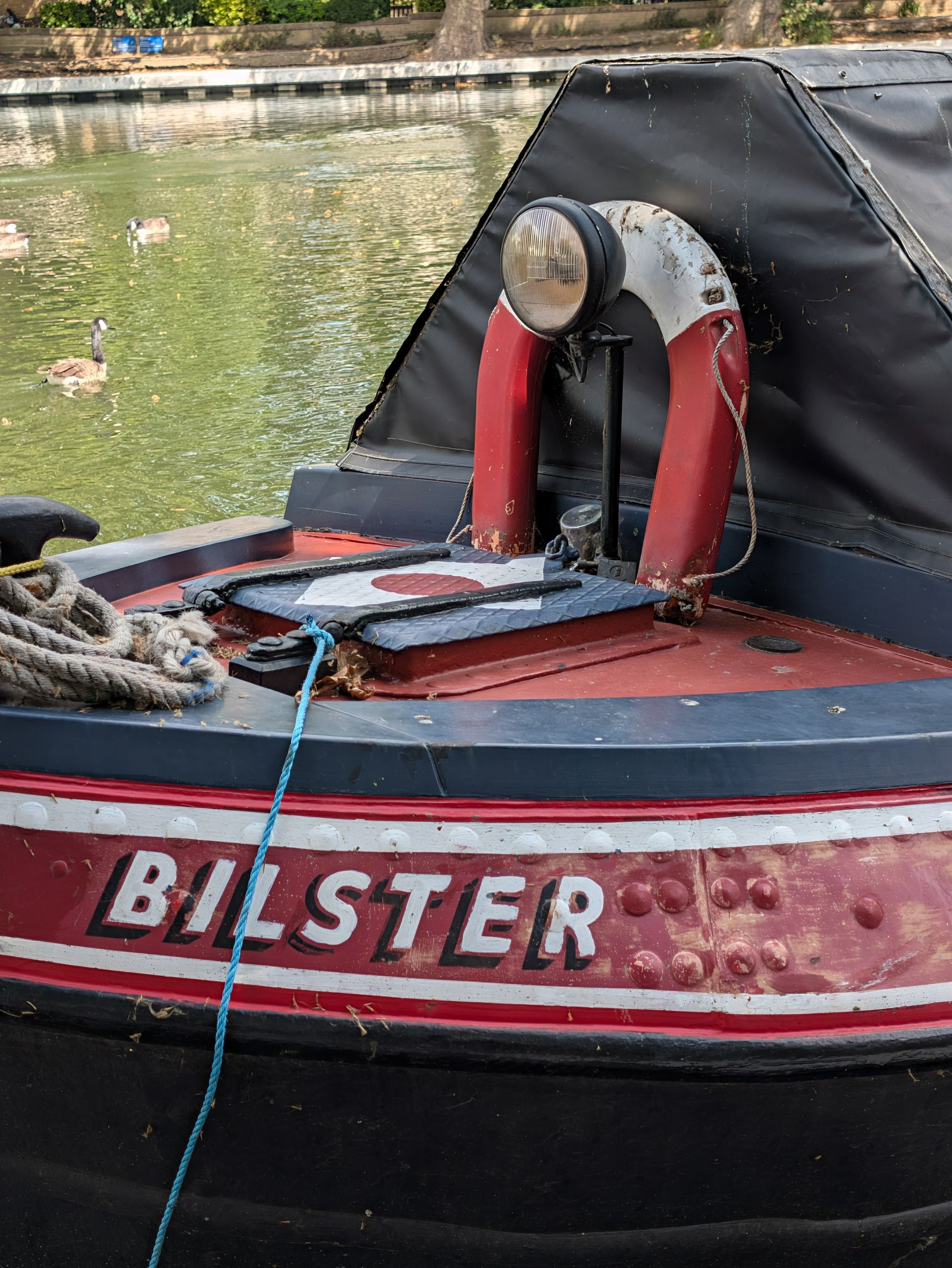 Bow of a red, white and black canal boat moored beside a lake, with geese swimming behind.