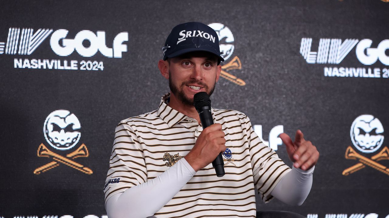 John Catlin speaking during a LIV Golf Nashville press conference in June 2024