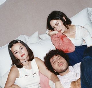 Selena Gomez, Benny Blanco, and Gracie Abrams in a bed to film the Call Me When You Break Up music video