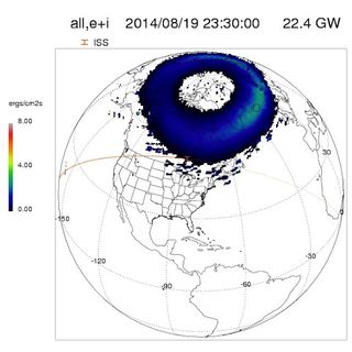 This diagram from the Community Coordinated Modeling Center at NASA's Goddard Space Flight Center in Greenbelt, Maryland, shows where auroras might have glowing as the International Space Station (ISS) flew over Earth on Aug. 19, 2014.