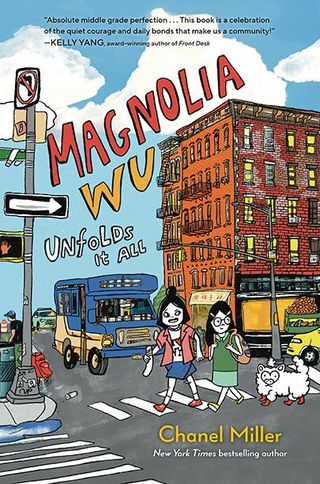 Book cover for "Magnolia WU Unfolds it All" showing a cartoon drawing of two girls crossing a street with a dog and a bus and building in the background