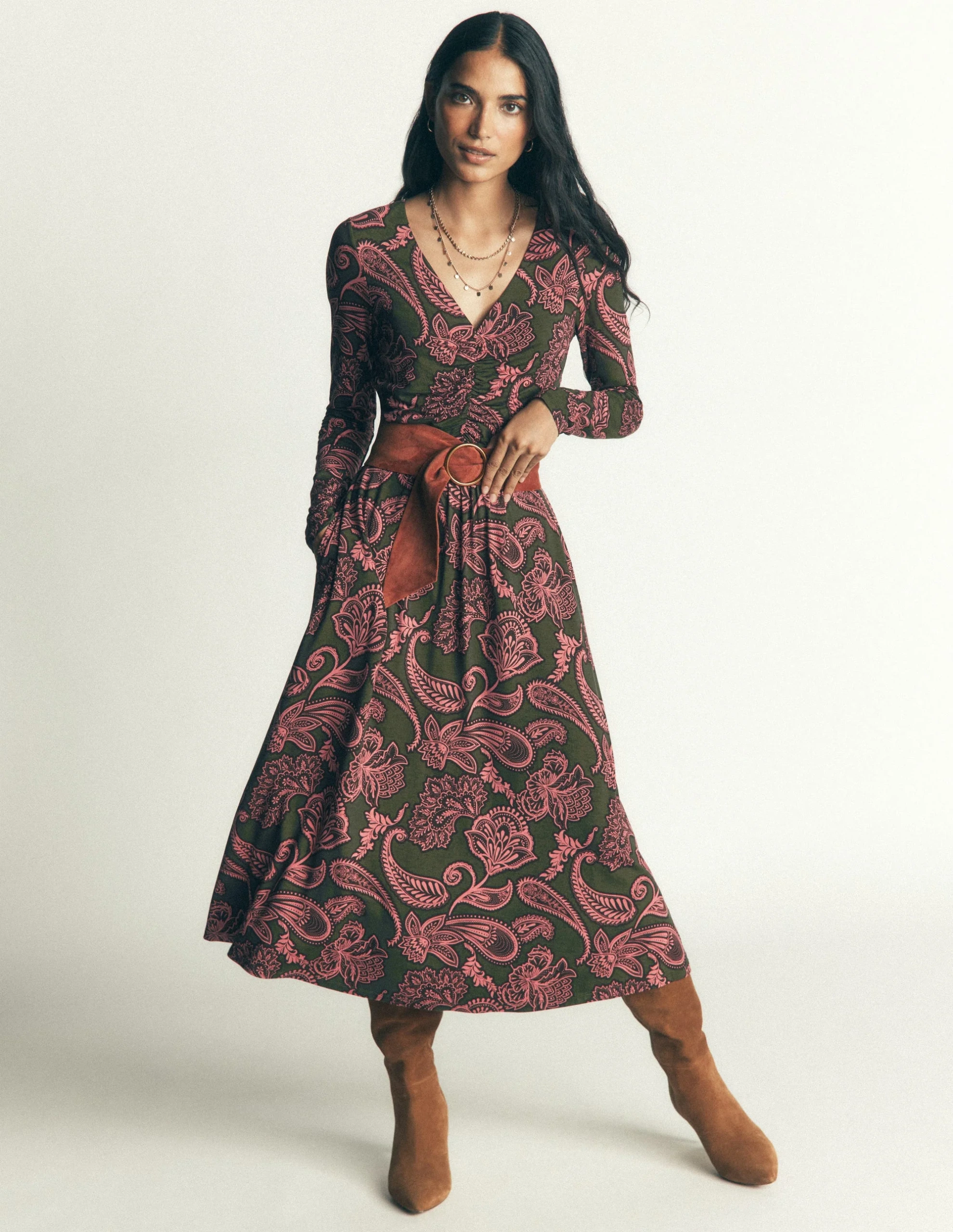 Boden, Jasmine Ruched Jersey Dress-Forest Glade, Paisley Bouquet