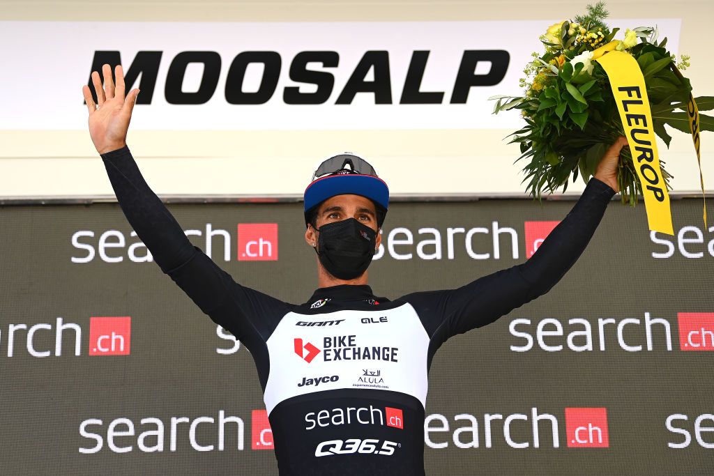 MOOSALP SWITZERLAND JUNE 17 Michael Matthews of Australia and Team BikeExchange Jayco celebrates at podium as Black Points Jersey winner during the 85th Tour de Suisse 2022 Stage 6 a 1775km stage from Locarno to Moosalp 2048m ourdesuisse2022 WorldTour on June 17 2022 in Moosalp Switzerland Photo by Tim de WaeleGetty Images