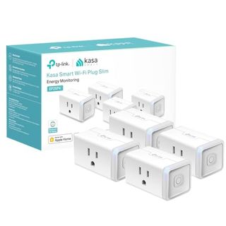 Kasa Smart Plug Mini and blue and white packaging against white background