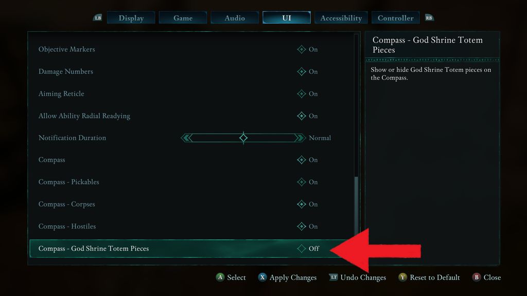UI menu in Avowed showing how to turn on compass for God totems