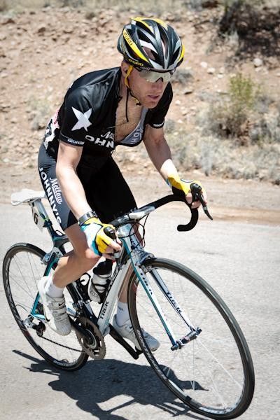 Mellow Johnny's Levi Leipheimer attacks on the climb for the stage win