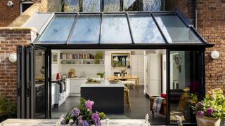 glass lean to extension with view into kitchen
