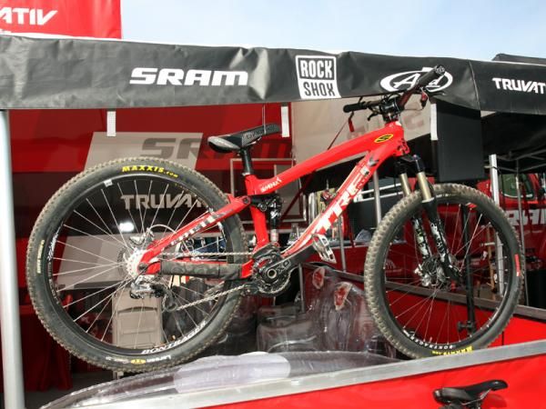 Trek provided Brandon Semenuk with this custom slopestyle-specific Remedy with a longer top tube, shorter chain stays, a lower bottom bracket, and shorter travel.