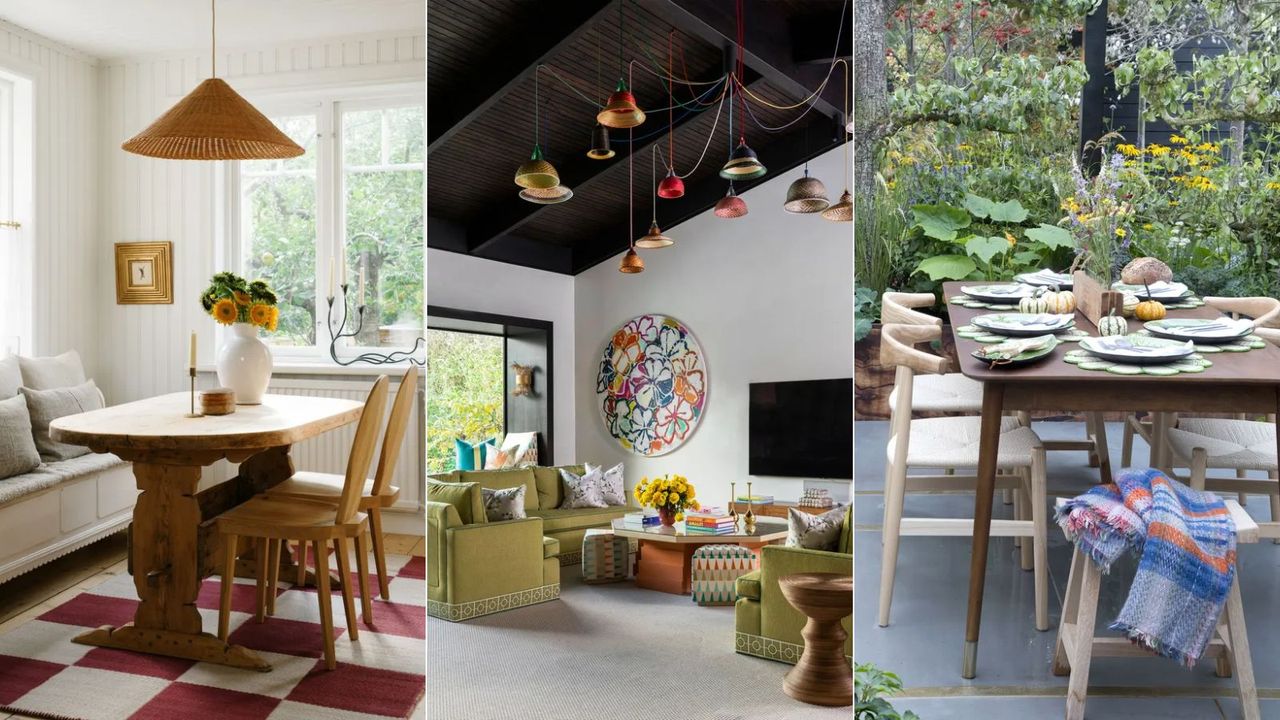 Dining room with checkered rug, living room with green sofa, outdoor dinings