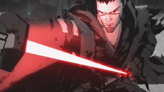 Anime-style dark side user with red lightsaber in Star Wars: Visions