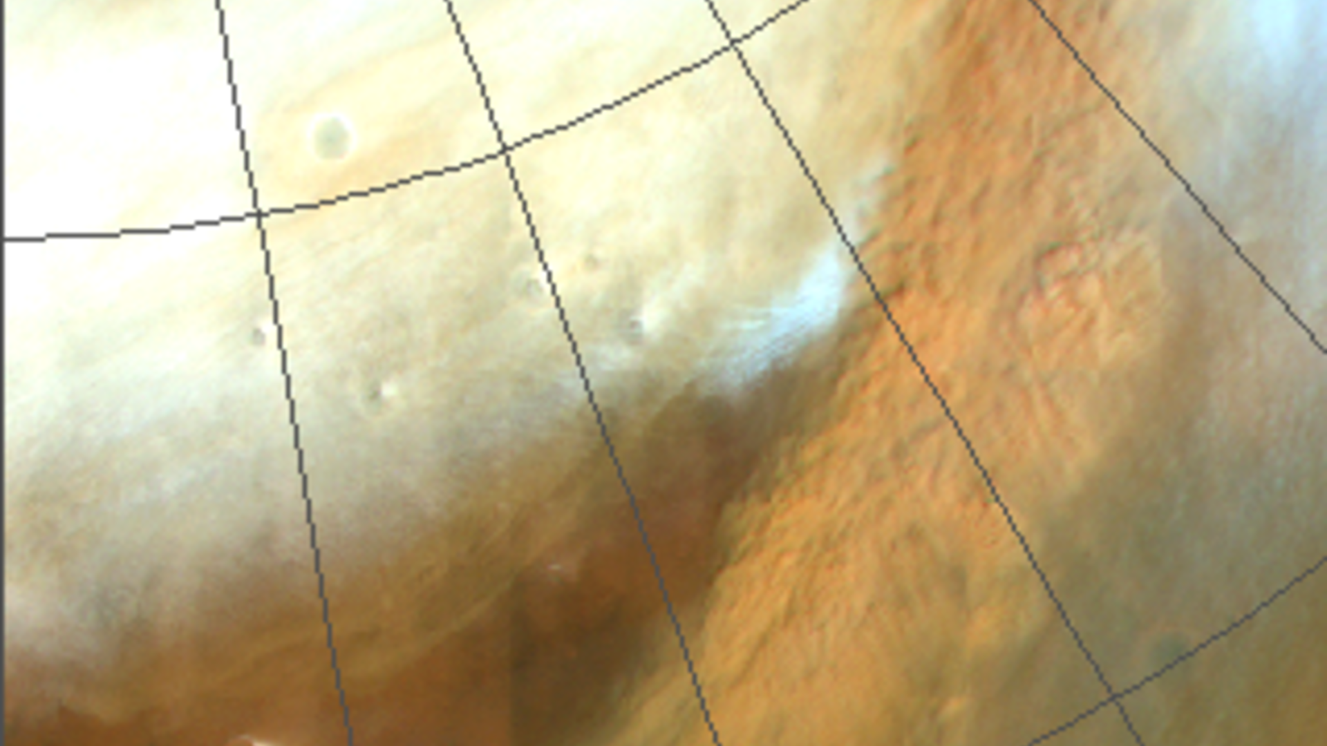 A dust storm cuts diagonally across a photo taken by Mars Express on May 26, 2019.