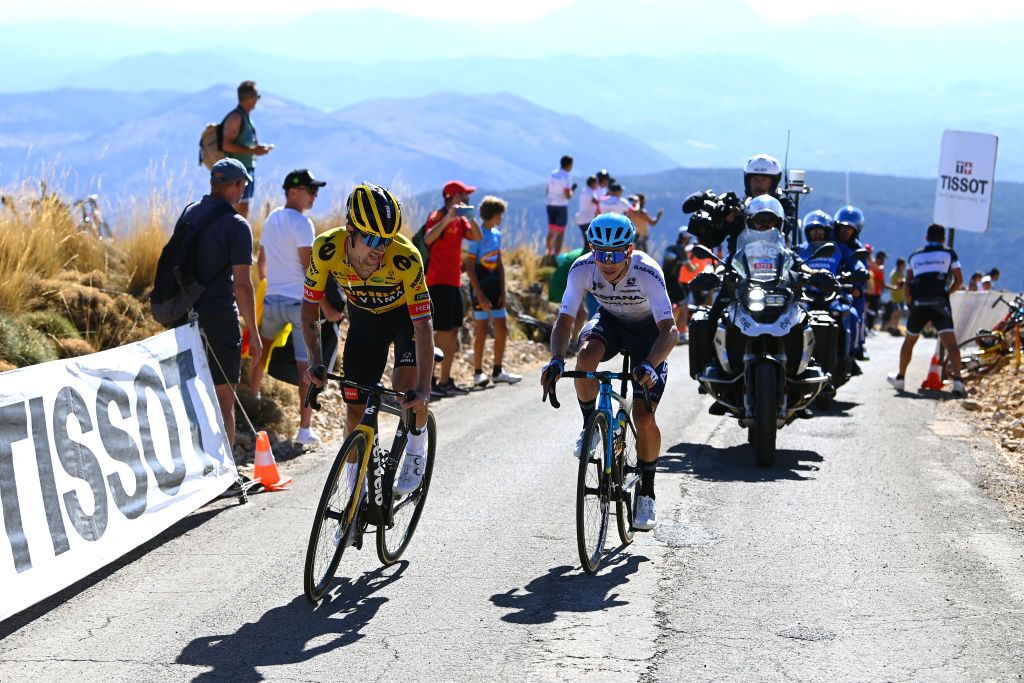 SIERRA DE LA PANDERA SPAIN SEPTEMBER 03 Primoz Roglic of Slovenia and Team Jumbo Visma and Miguel ngel Lpez Moreno of Colombia and Team Astana Qazaqstan attackduring the 77th Tour of Spain 2022 Stage 14 a 1603km stage from Montoro to Sierra de La Pandera 1815m LaVuelta22 WorldTour on September 03 2022 in Sierra de La Pandera Spain Photo by Tim de WaeleGetty Images