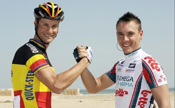 Tom Boonen and Philippe Gilbert share congratulations.