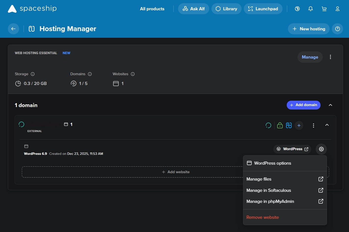 Spaceship hosting manager screenshot