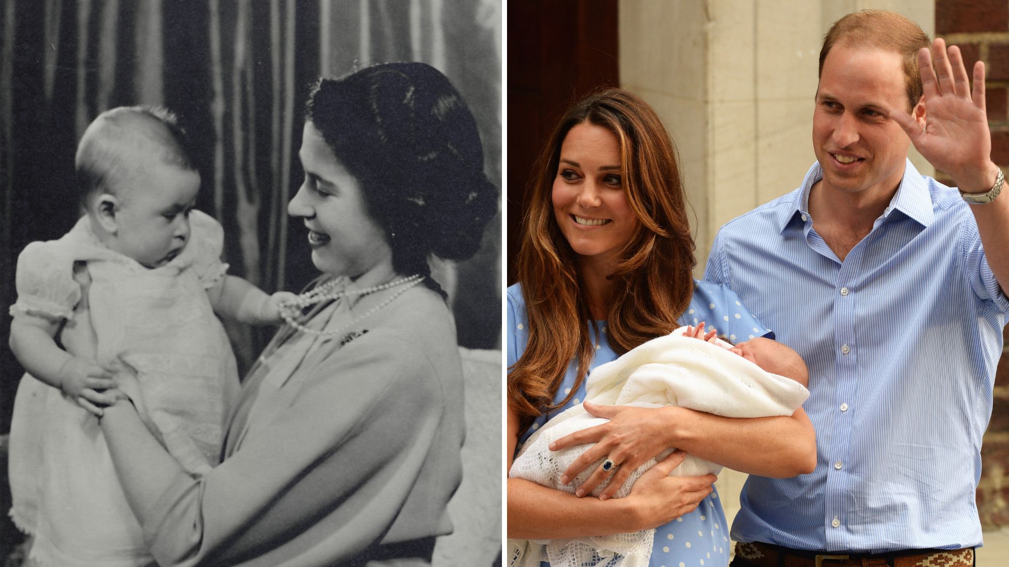 A composite of a picture of Queen Elizabeth II and King Charles in 1948 and a picture of Prince William and Catherine with newborn George at St Mary's Hospital on July 23, 2013