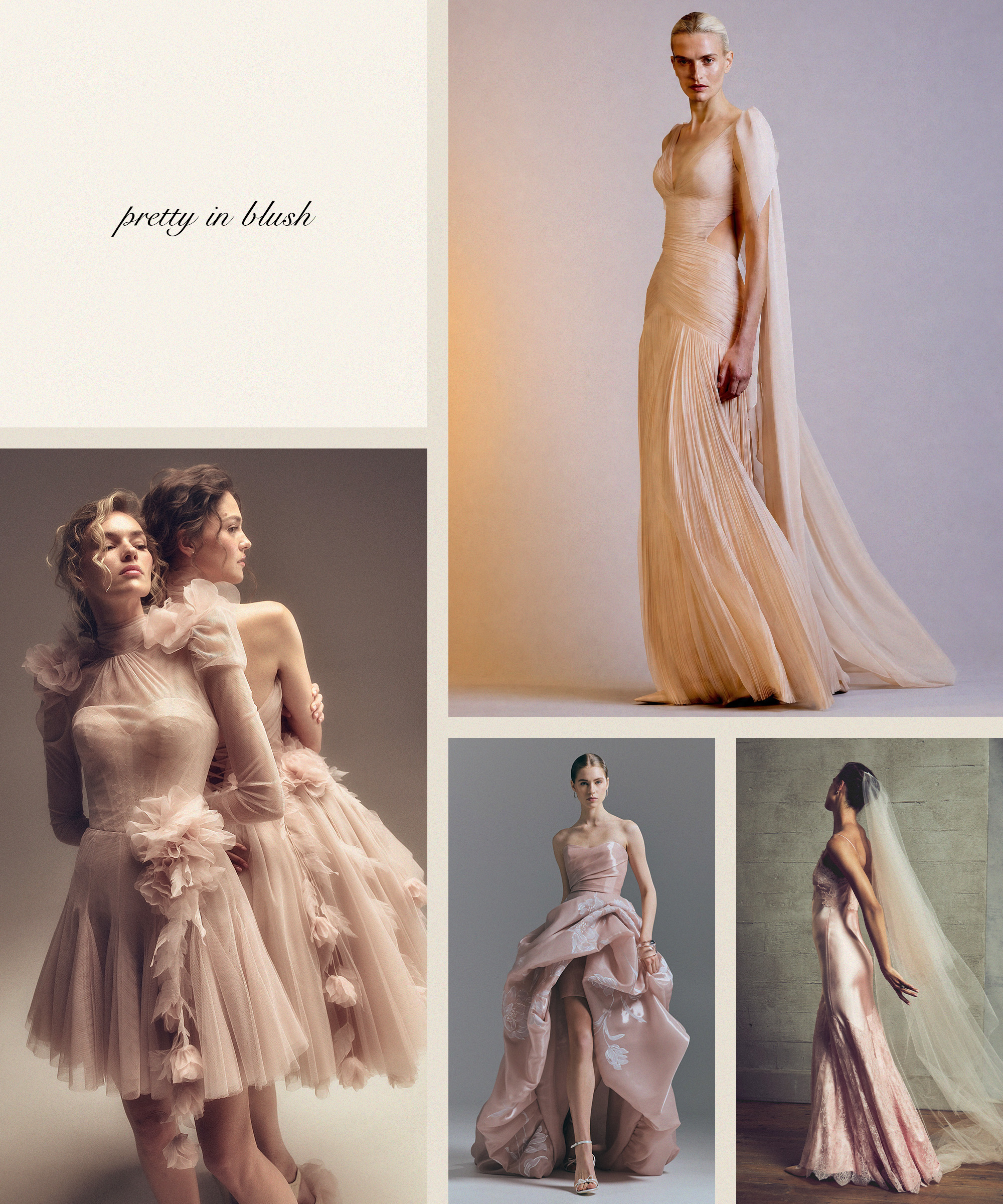 a collage of blush bridal gowns.