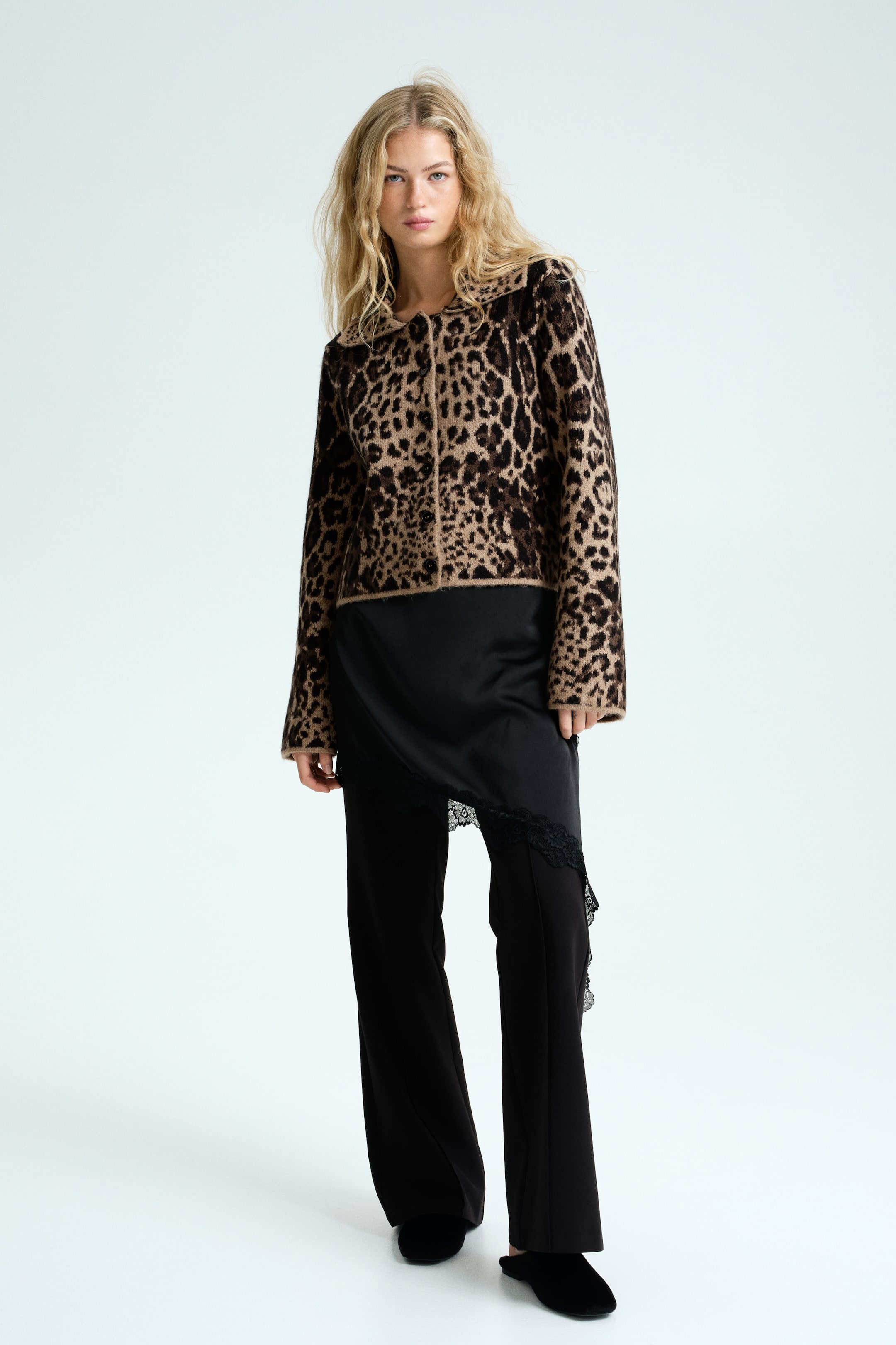 Cardigan With Collar - Beige/leopard Print