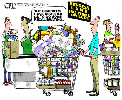 Political Cartoon U.S. grocery 160 or less express line coronavirus