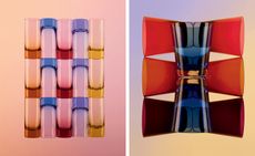 Colourful glassware - to the left, we see whiskey glasses in orange, blue, red, purple, and yellow, on a gradient orange-pink background. To the right, we see tumblers in red, orange, purple, and blue, on a gradient purple-yellow background.