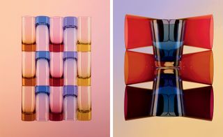 To the left, we see whiskey glasses in orange, blue, red, purple, and yellow, on a gradient orange-pink background. To the right, we see tumblers in red, orange, purple, and blue, on a gradient purple-yellow background.