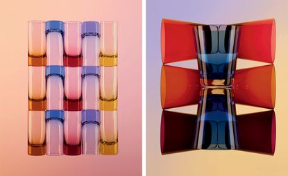 Colourful glassware - to the left, we see whiskey glasses in orange, blue, red, purple, and yellow, on a gradient orange-pink background. To the right, we see tumblers in red, orange, purple, and blue, on a gradient purple-yellow background.